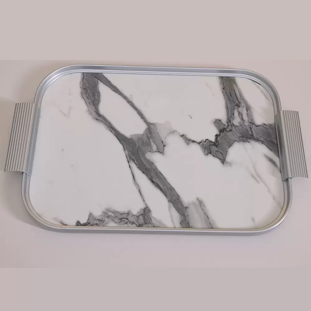S14 TRAY. WHITE MARBLE/SILVER